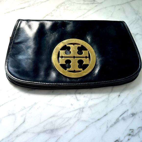 Tory Burch Black Leather Clutch with Gold Logo